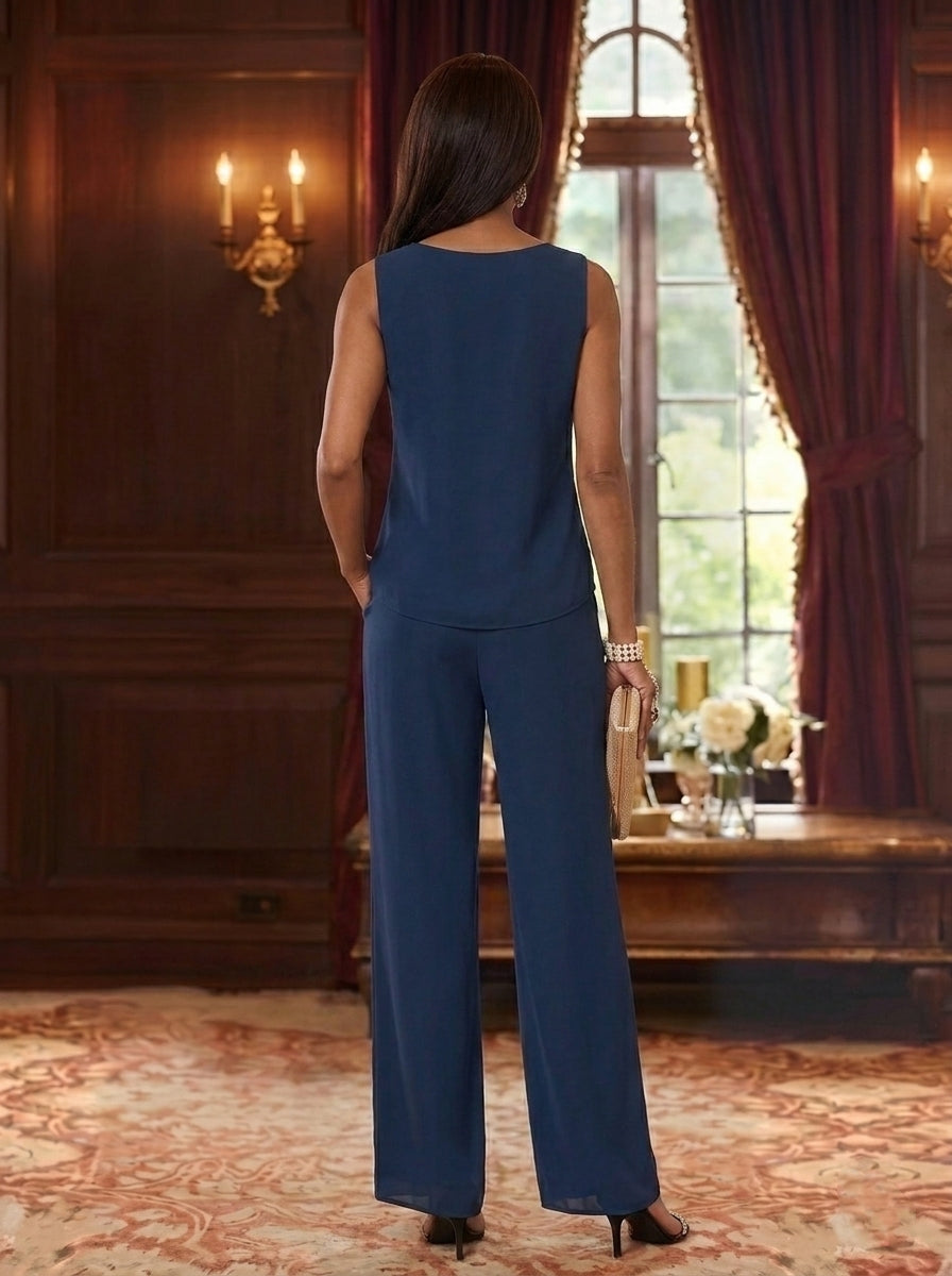 3 Pieces Suit Scoop Chiffon Mother of the Bride Pantsuits with Jacket Floral 3/4 Sleeves Ankle-Length