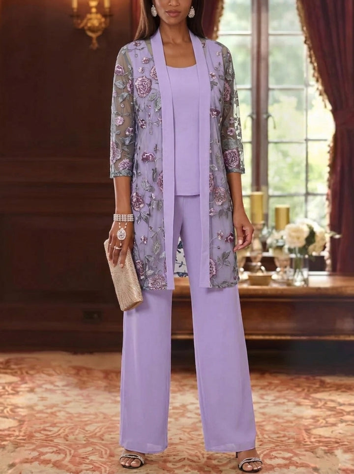 3 Pieces Suit Scoop Chiffon Mother of the Bride Pantsuits with Jacket Floral 3/4 Sleeves Ankle-Length
