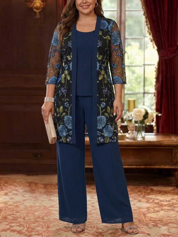 3 Pieces Suit Scoop Chiffon Plus Size Mother of the Bride Pantsuits with Jacket Floral 3/4 Sleeves Ankle-Length