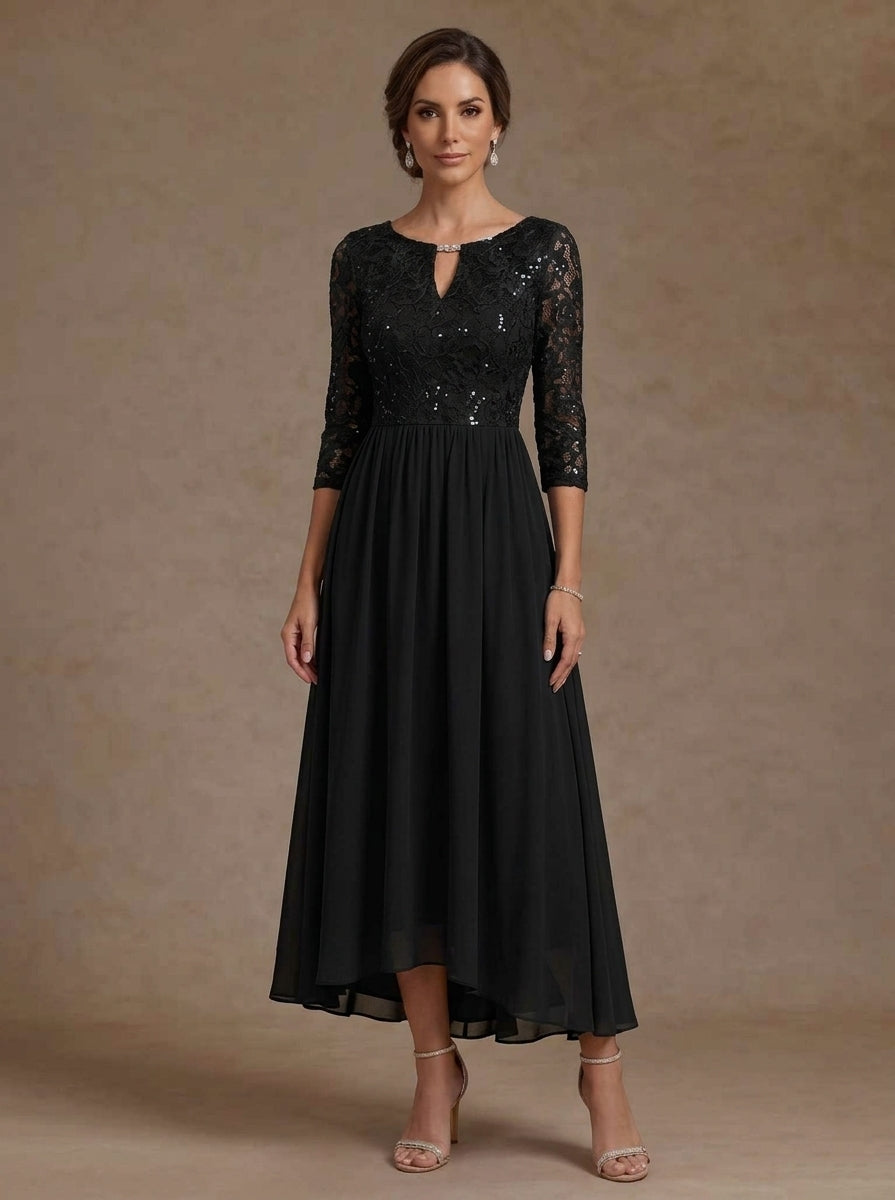 A-Line/Princess V-Neck Chiffon Mother of the Bride Dresses 3/4 Sleeves Lace Sequins Tea-Length