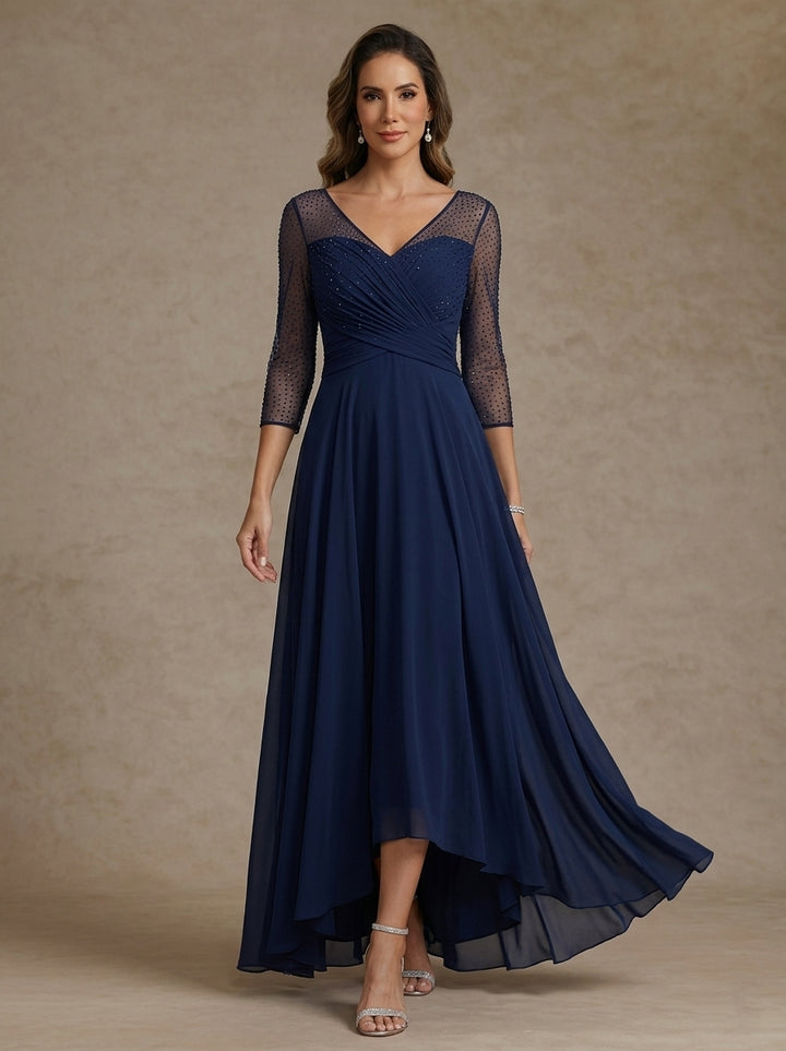 A-Line/Princess V-Neck Chiffon Mother of the Bride Dresses 3/4 Sleeves Sequins Asymmetrical Tea-Length