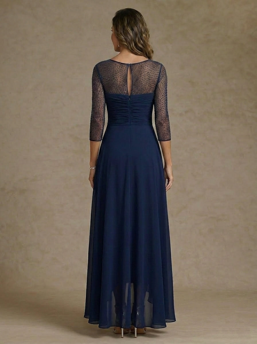 A-Line/Princess V-Neck Chiffon Mother of the Bride Dresses 3/4 Sleeves Sequins Asymmetrical Tea-Length