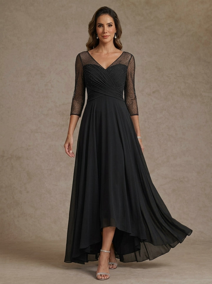 A-Line/Princess V-Neck Chiffon Mother of the Bride Dresses 3/4 Sleeves Sequins Asymmetrical Tea-Length