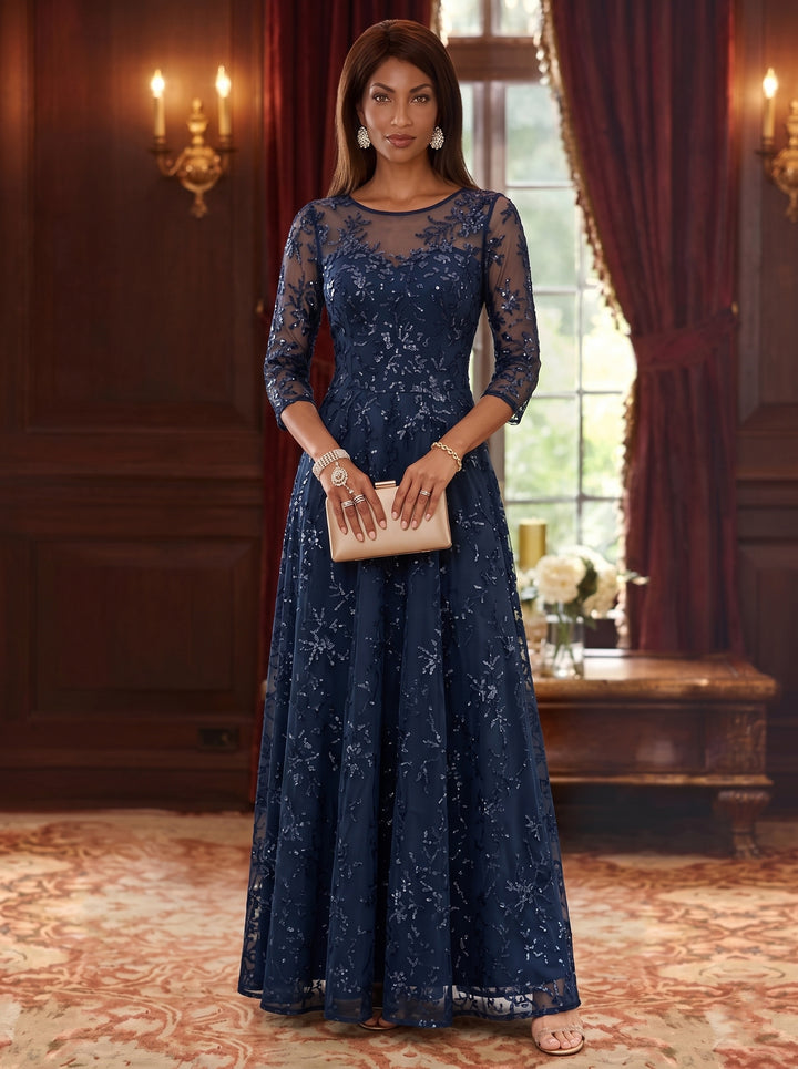 A-Line/Princess Scoop Mother of the Bride Dresses Lace Sequins 3/4 Sleeves Floor Length