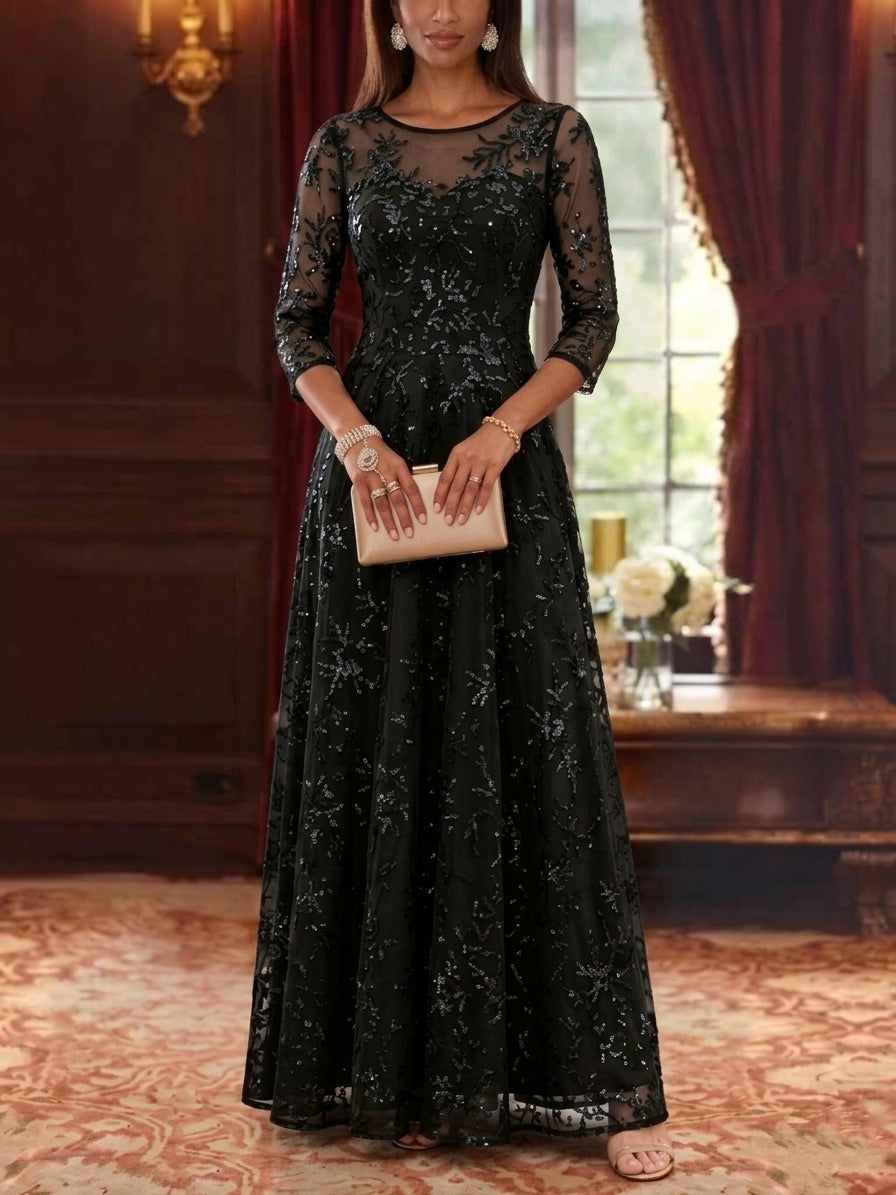 A-Line/Princess Scoop Mother of the Bride Dresses Lace Sequins 3/4 Sleeves Floor Length