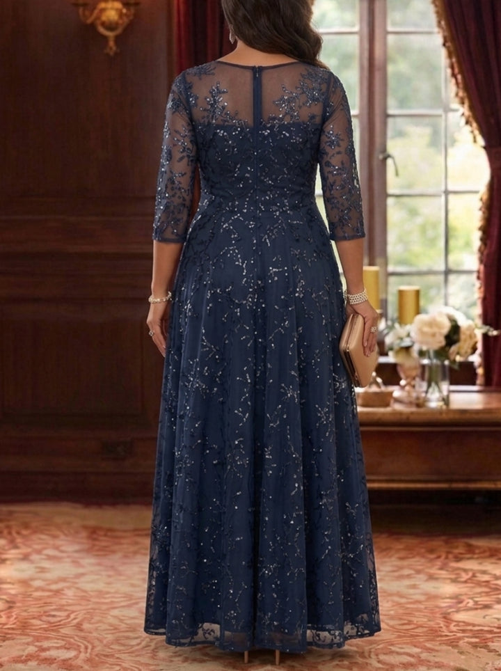 A-Line/Princess Scoop Plus Size Mother of the Bride Dresses Lace Sequins 3/4 Sleeves Floor Length