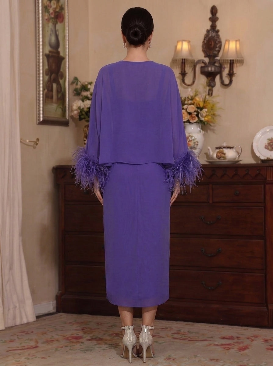 Sheath/Column Scoop Mother of the Bride Dresses with Feathered Jacket Tea-Length 3D Flower Long Sleeves