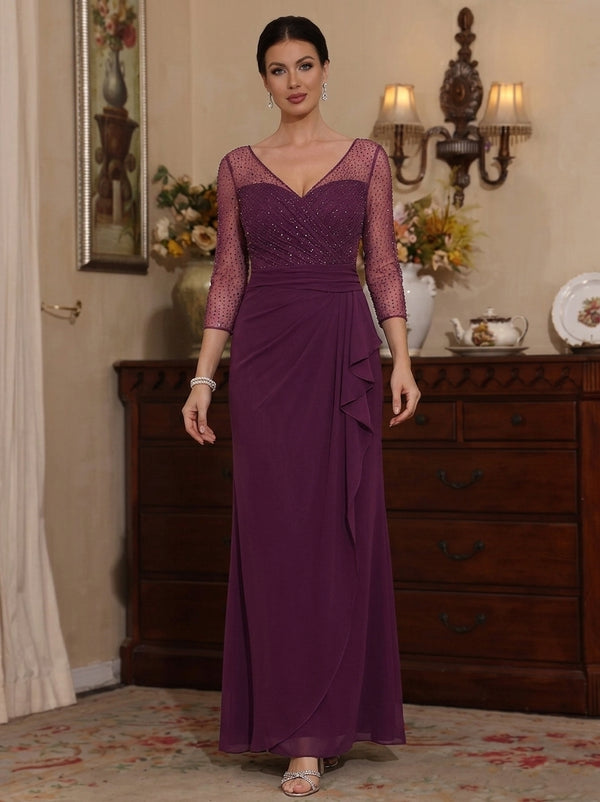 Sheath/Column V-Neck Mother of the Bride Dresses With Rhinestones Ruched Ruffles 3/4 Sleeves Ankle-Length