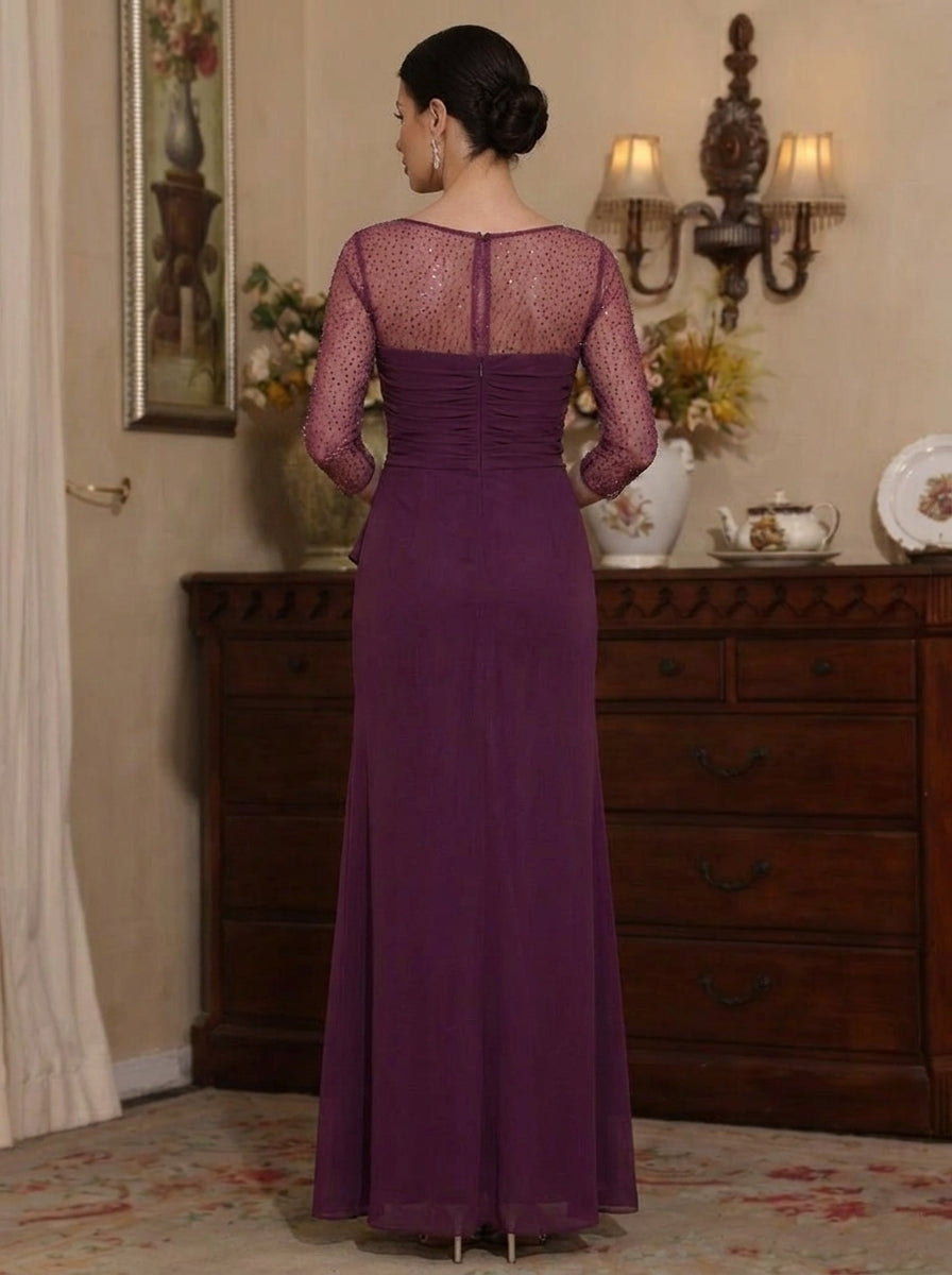Sheath/Column V-Neck Mother of the Bride Dresses With Rhinestones Ruched Ruffles 3/4 Sleeves Ankle-Length