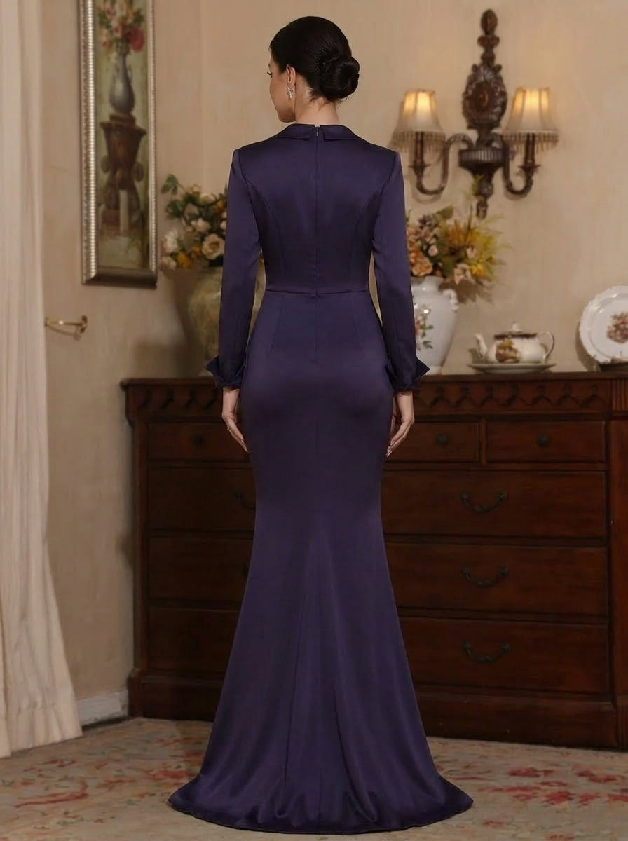 Trumpet/Mermaid V-Neck Satin Mother of The Bride Dresses with Split Side Long Sleeves Ruched Floor-Length