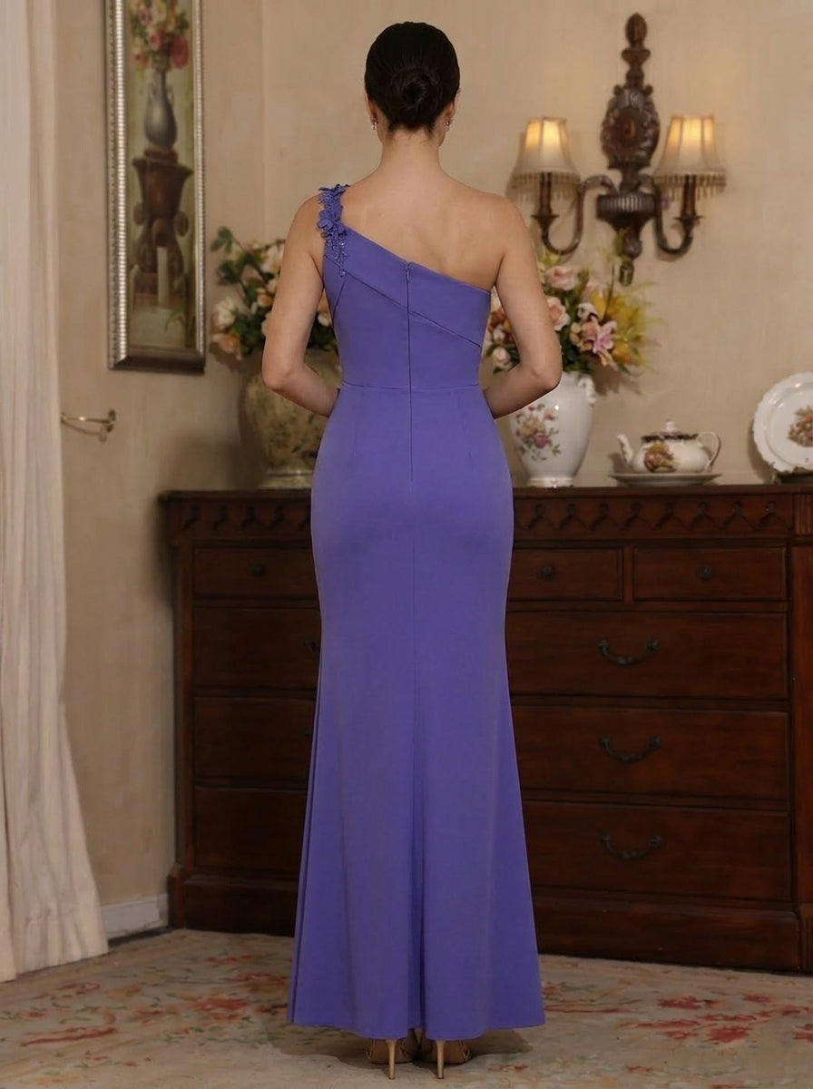 Sheath/Column One-Shoulder Stretch Satin Mother of the Bride Dresses with Split Side Sleeveless Ankle-Length With 3D Flower