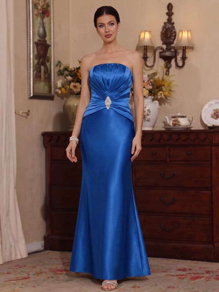 Trumpet/Mermaid Shirt Collar Satin Mother of The Bride Dresses with Jacket 3/4 Sleeves Ruched Rhinestone Floor-Length