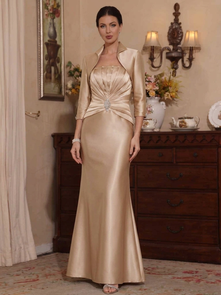 Trumpet/Mermaid Shirt Collar Satin Mother of The Bride Dresses with Jacket 3/4 Sleeves Ruched Rhinestone Floor-Length
