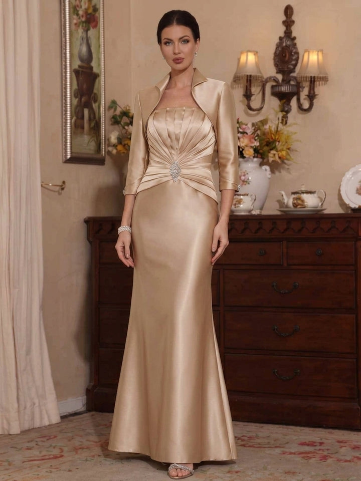 Trumpet/Mermaid Shirt Collar Satin Mother of The Bride Dresses with Jacket 3/4 Sleeves Ruched Rhinestone Floor-Length