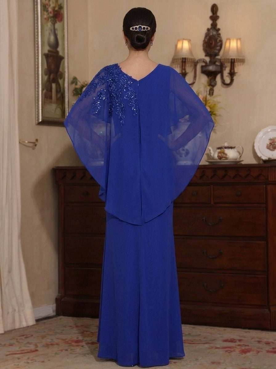 Sheath/Column Chiffon Asymmetrical Neck Mother of the Bride Dresses Floor-Length Short Sleeves