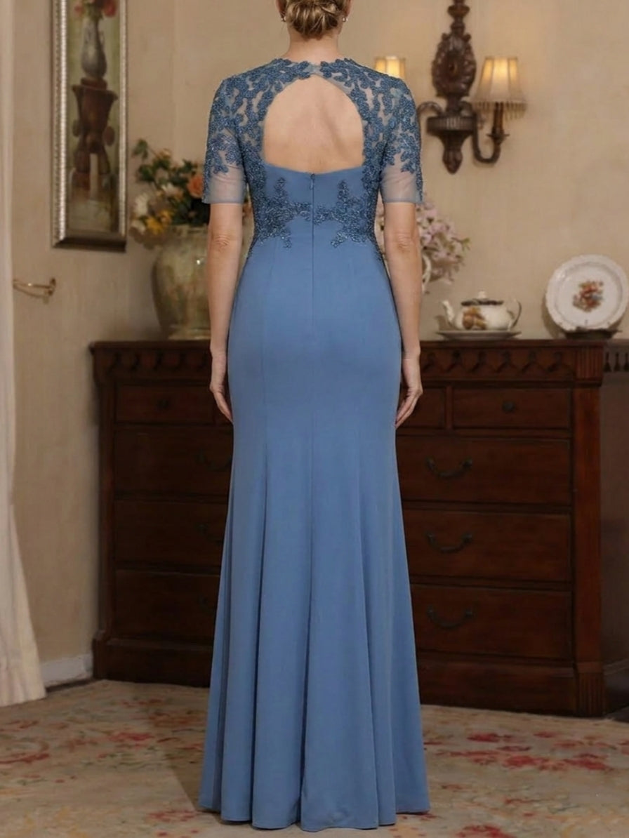 Sheath/Column Scoop Stretch Satin Mother of the Bride Dresses with Split Side Short Sleeves Floor-Length Lace
