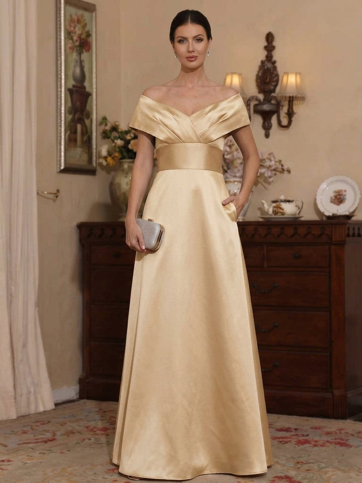 A-Line/Princess Off-the-Shoulder Satin Mother of The Bride Dresses with Pockets Sleeveless Ruched Floor-Length