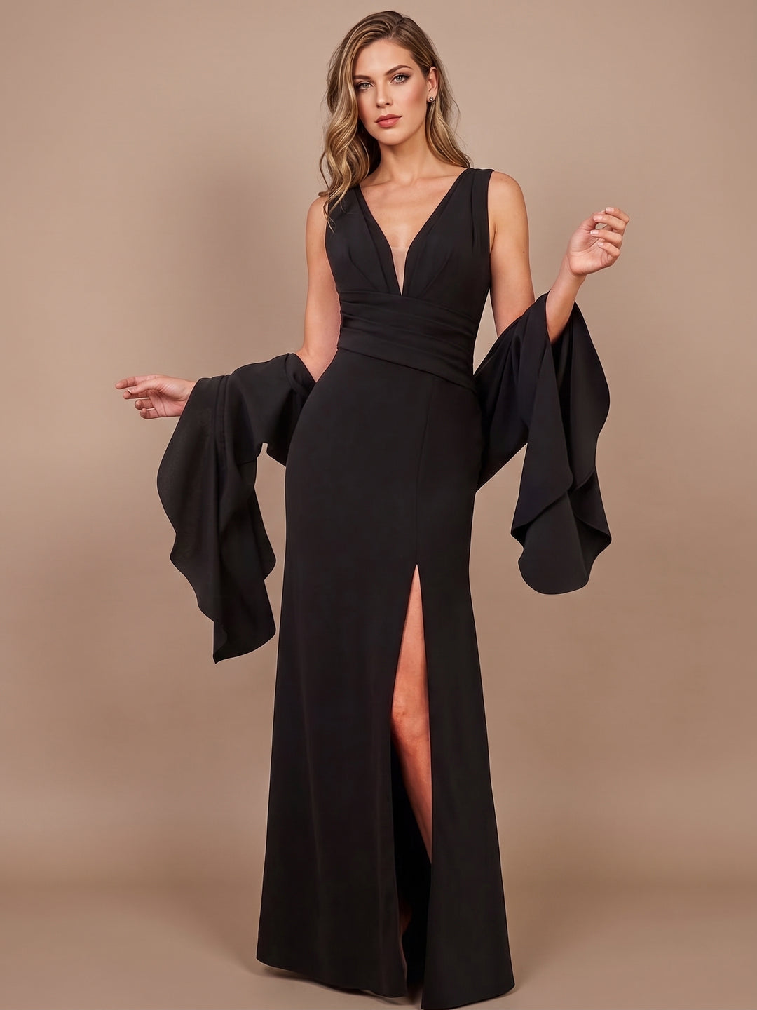 Sheath/Column V-Neck Stretch Satin Mother of the Bride Dresses with Wrap & Split Side Sleeveless Floor-Length