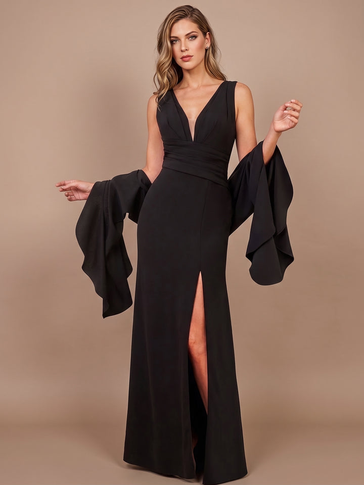 Sheath/Column V-Neck Stretch Satin Mother of the Bride Dresses with Wrap & Split Side Sleeveless Floor-Length