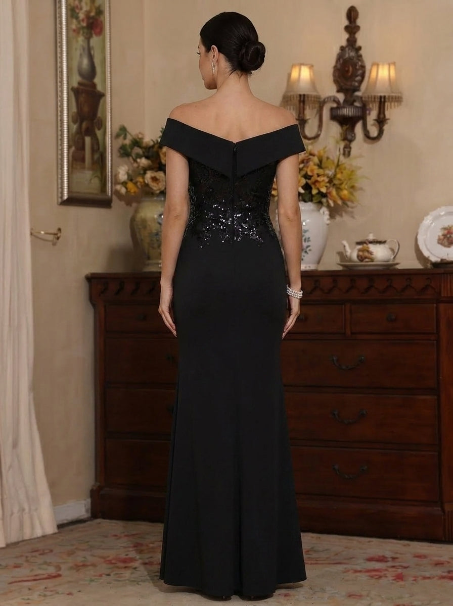 Sheath/Column Off-the-Shoulder Stretch Satin Mother of the Bride Dresses with Split Side Sequins Sleeveless Floor-Length Ruffles