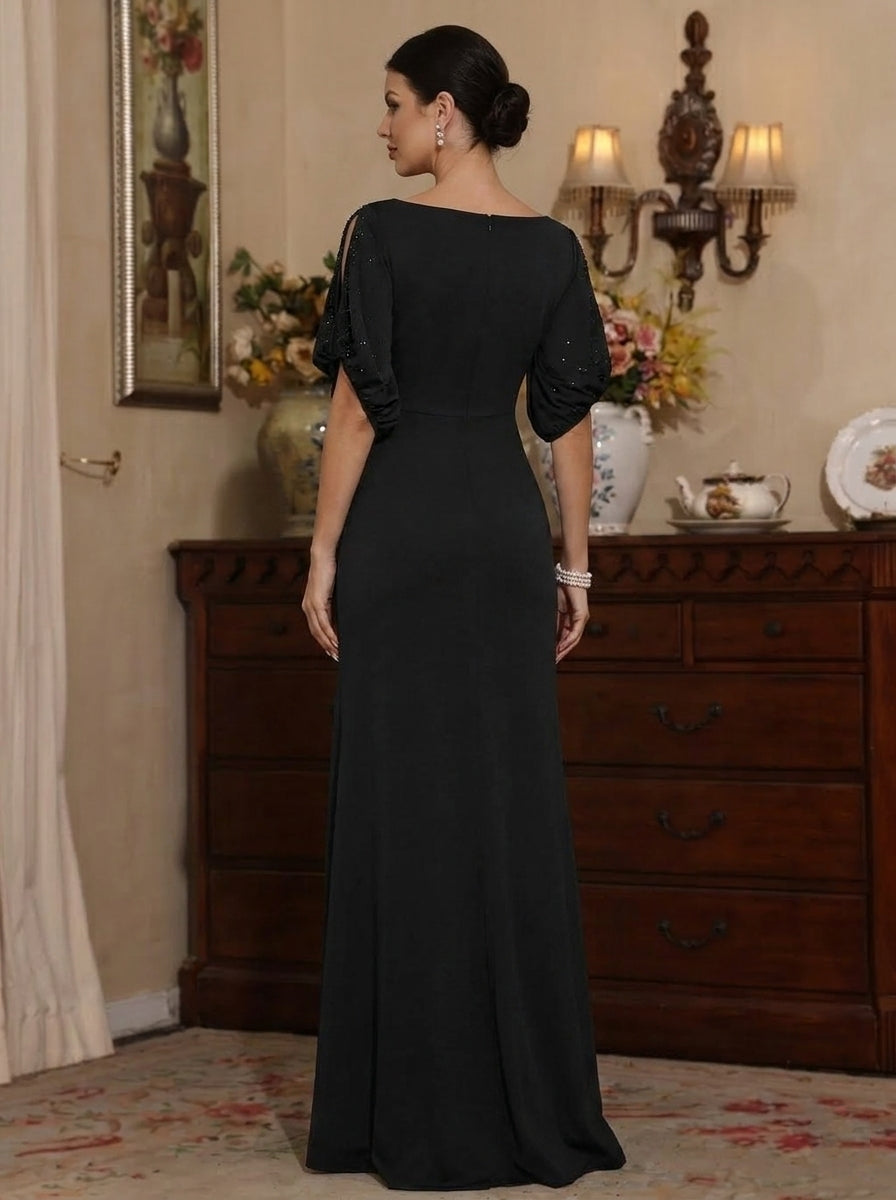 Sheath/Column Scoop Stretch Satin Mother of the Bride Dresses Short Sleeves Floor-Length Beading