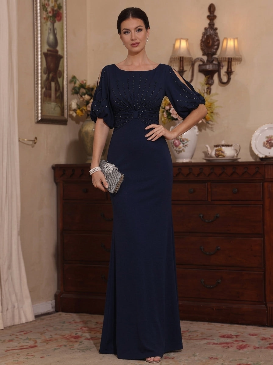 Sheath/Column Scoop Stretch Satin Mother of the Bride Dresses Short Sleeves Floor-Length Beading Navy Blue