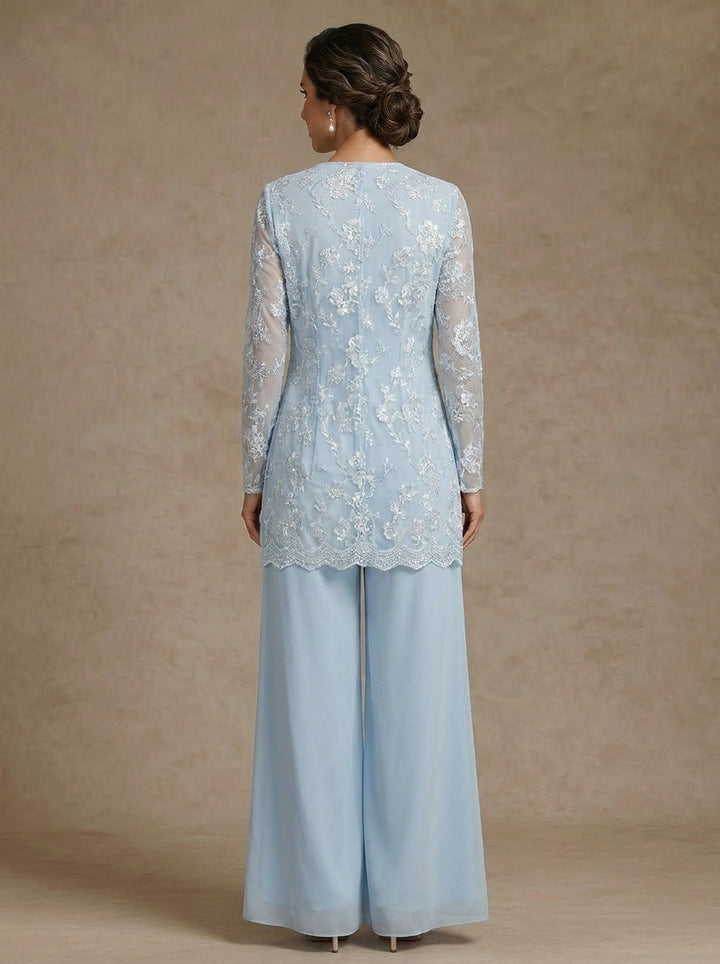 sky blue 3 piece mother of the bride pantsuit with jacket