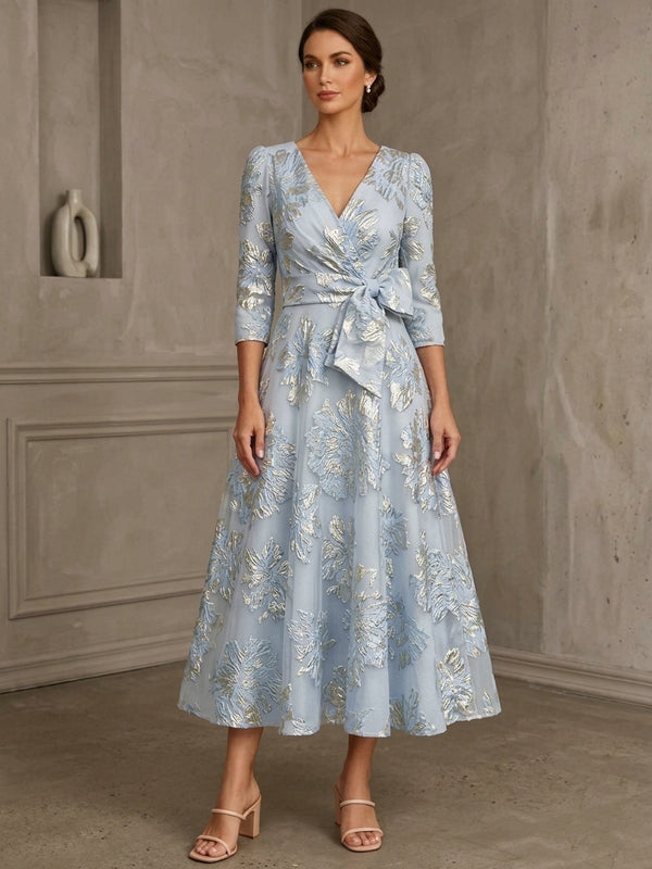 A-Line/Princess V-Neck Jacquard Mother of the Bride Dresses 3/4 Sleeves Floral Tea-Length Bowknot