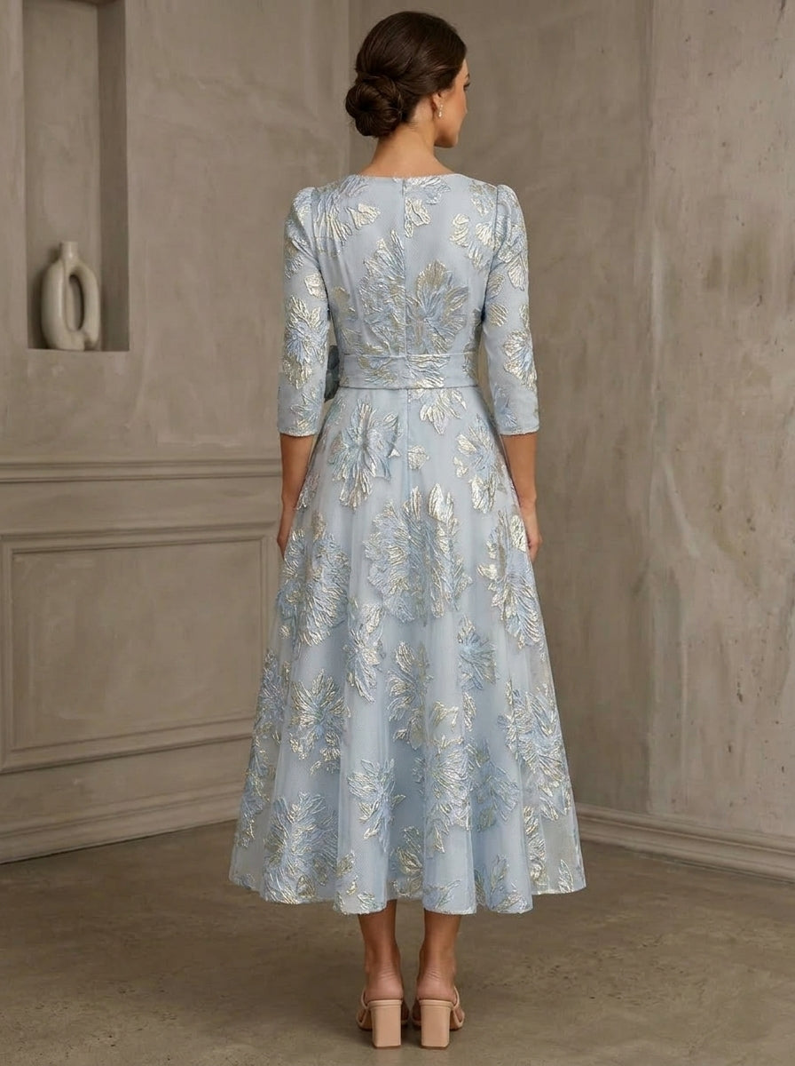 A-Line/Princess V-Neck Jacquard Mother of the Bride Dresses 3/4 Sleeves Floral Tea-Length Bowknot