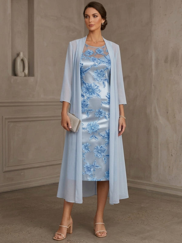 Sheath/Column Scoop Lace Floral Mother of the Bride Dresses with Jacket 3/4 Sleeves Flower Tea-Length