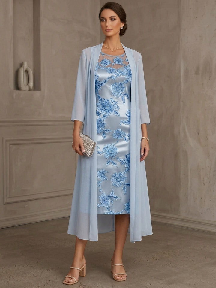 Sheath/Column Scoop Lace Floral Mother of the Bride Dresses with Jacket 3/4 Sleeves Flower Tea-Length