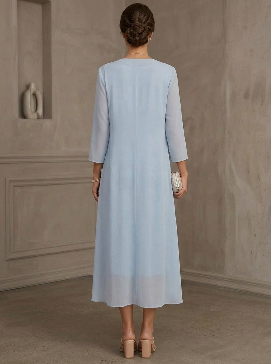 Sheath/Column Scoop Lace Floral Mother of the Bride Dresses with Jacket 3/4 Sleeves Flower Tea-Length