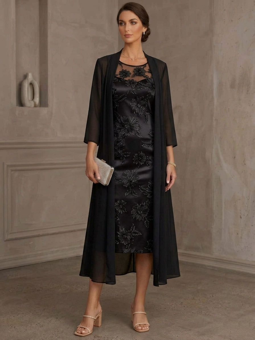 Sheath/Column Scoop Lace Floral Mother of the Bride Dresses with Jacket 3/4 Sleeves Flower Tea-Length