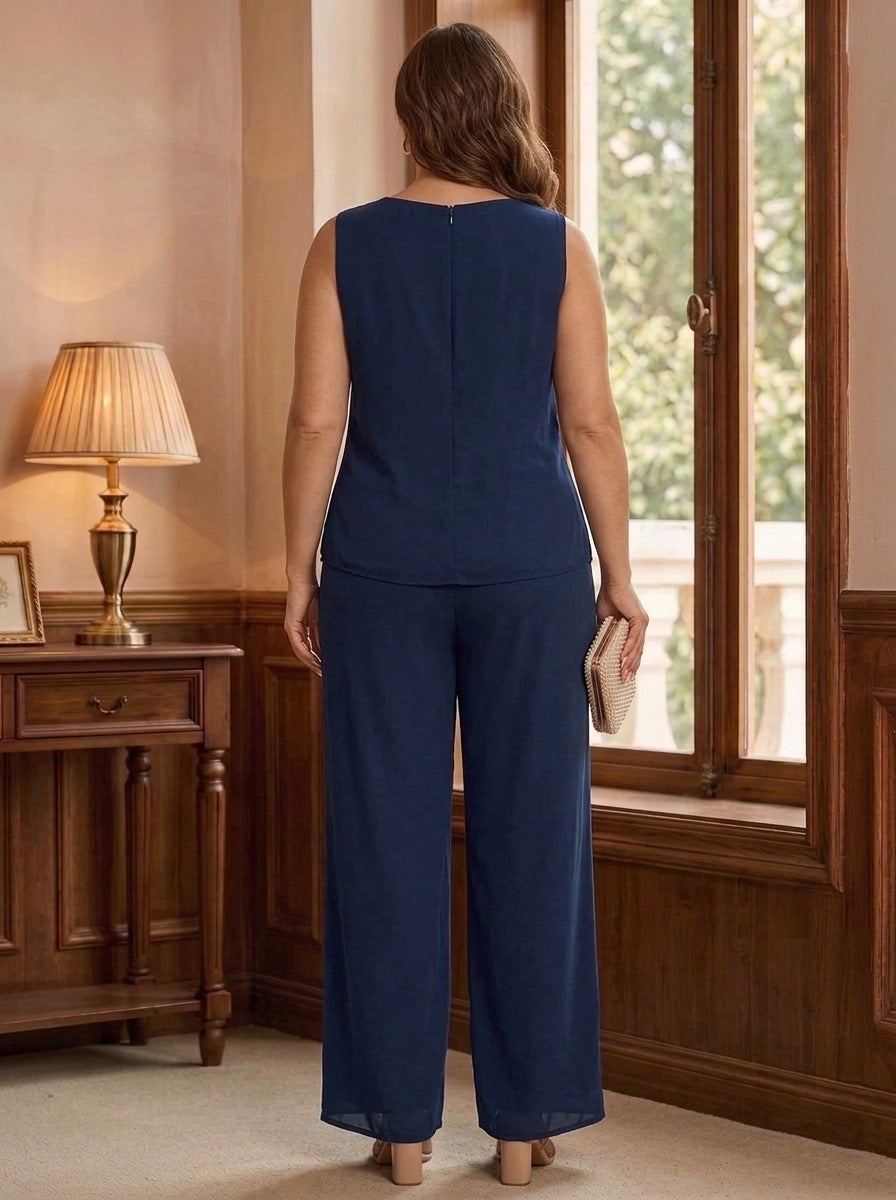 3 Pieces Chiffon Scoop Plus Size Mother of the Bride Pantsuits with Lace Floral Jacket Ankle-Length 3/4 Sleeves