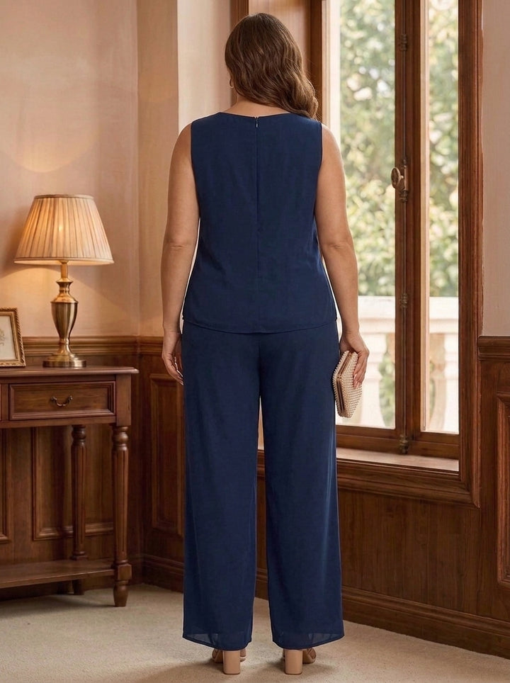 3 Pieces Chiffon Scoop Plus Size Mother of the Bride Pantsuits with Lace Floral Jacket Ankle-Length 3/4 Sleeves