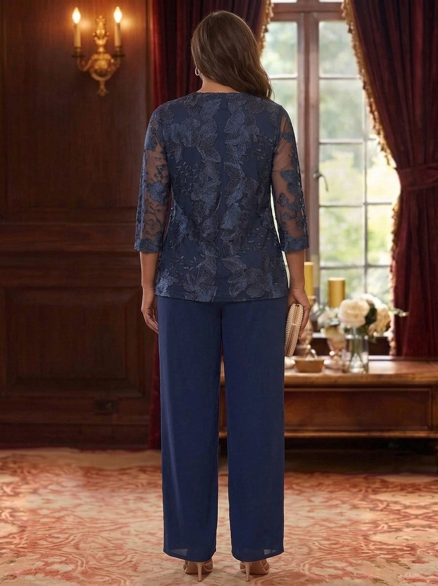 3 Pieces Chiffon Scoop Plus Size Mother of the Bride Pantsuits with Lace Floral Jacket Ankle-Length 3/4 Sleeves