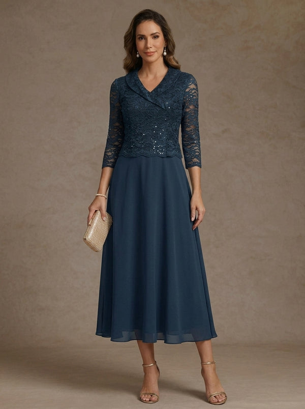 A-Line/Princess V-Neck Chiffon Mother of the Bride Dresses 3/4 Sleeves Lace Sequins Tea-Length