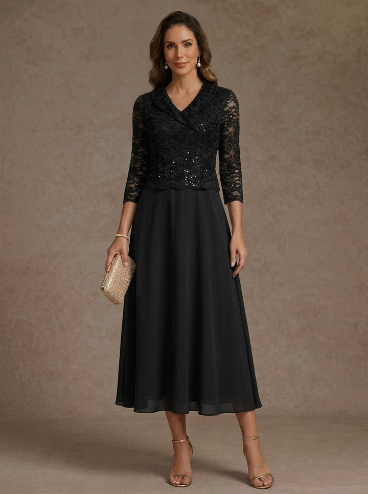 A-Line/Princess V-Neck Chiffon Mother of the Bride Dresses 3/4 Sleeves Lace Sequins Tea-Length