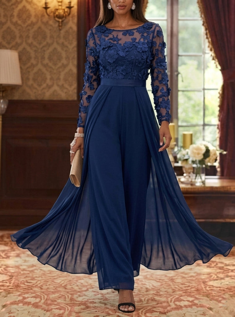 Jumpsuit Scoop Chiffon Mother of the Bride Jumpsuit with Overskirt Long Sleeves Lace Floral Ankle-Length Black