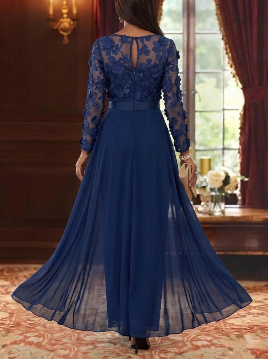 Jumpsuit Scoop Chiffon Mother of the Bride Jumpsuit with Overskirt Long Sleeves Lace Floral Ankle-Length