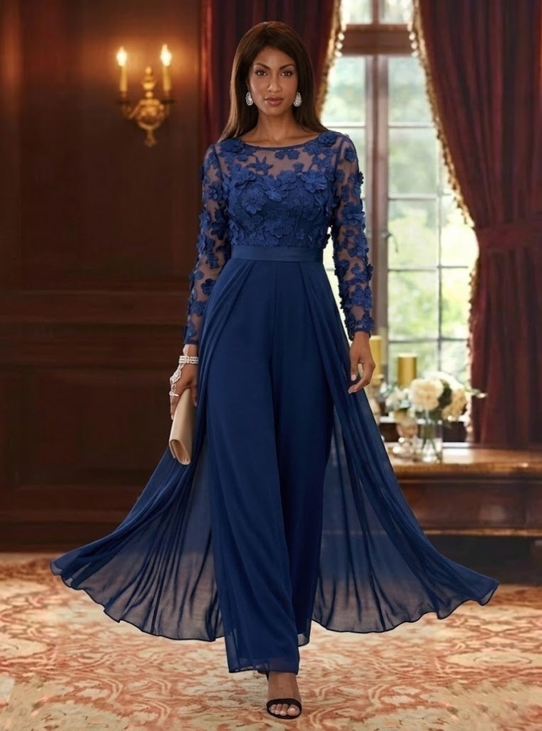 Jumpsuit Scoop Chiffon Mother of the Bride Jumpsuit with Overskirt Long Sleeves Lace Floral Ankle-Length Black