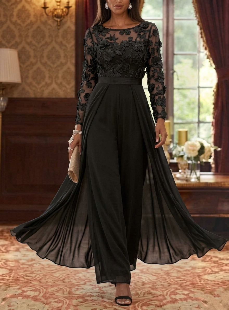 Jumpsuit Scoop Chiffon Mother of the Bride Jumpsuit with Overskirt Long Sleeves Lace Floral Ankle-Length Black