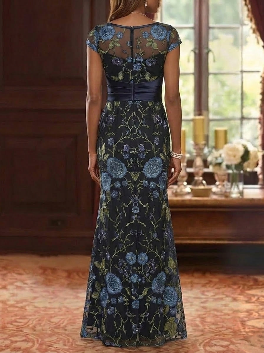 Trumpet/Mermaid Scoop Lace Floral Mother of the Bride Dresses with Sash Short Sleeves Floor-Length