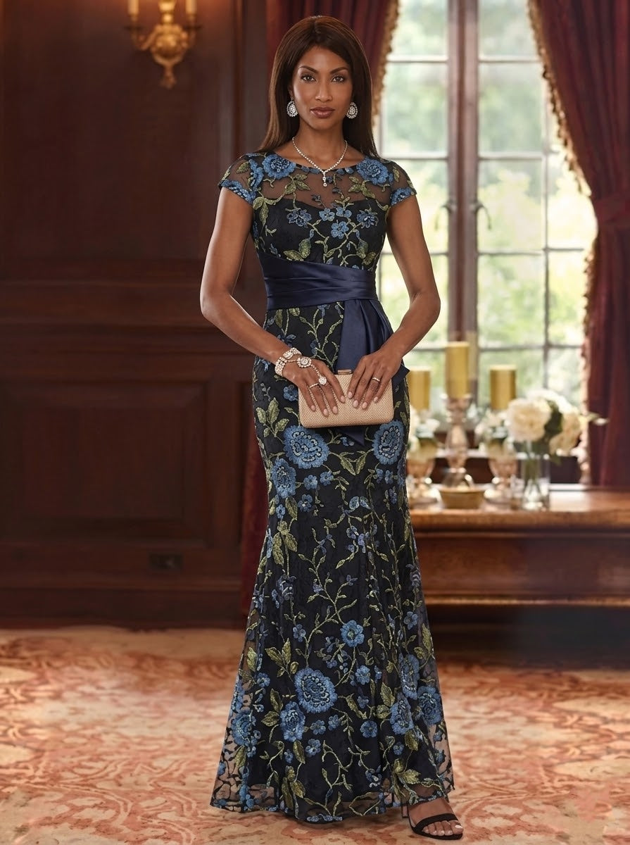 Trumpet/Mermaid Scoop Lace Floral Mother of the Bride Dresses with Sash Short Sleeves Floor-Length, Navy Blue