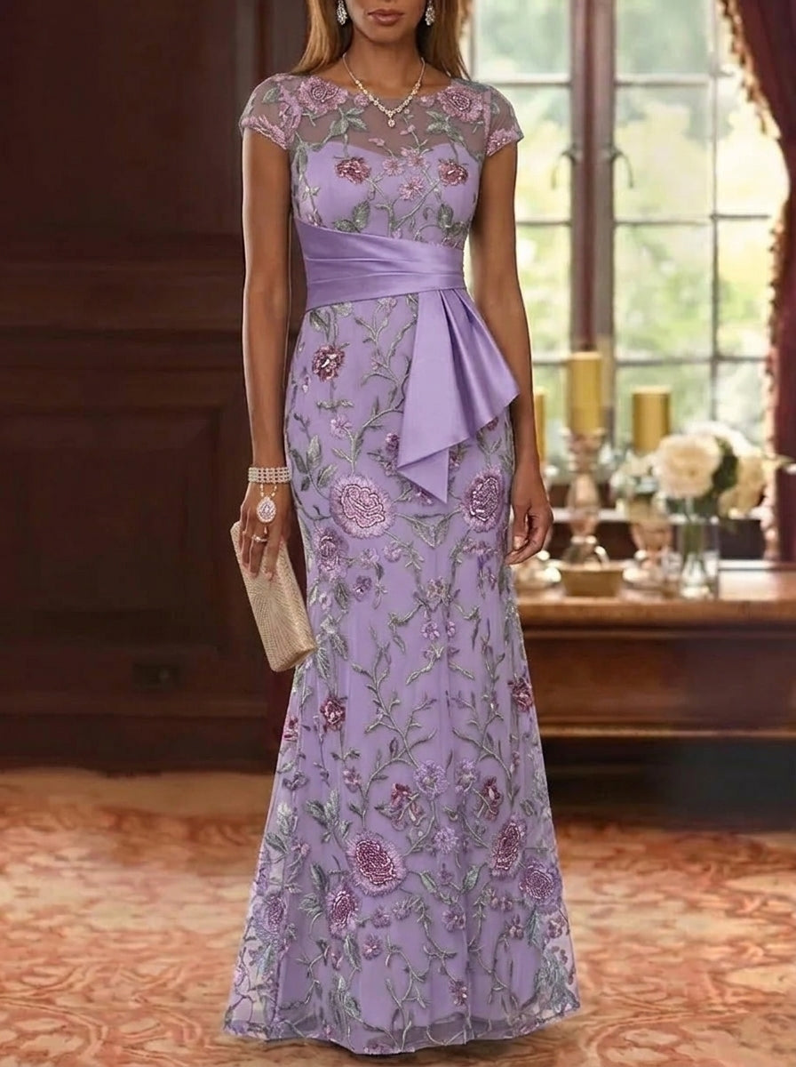 Trumpet/Mermaid Scoop Lace Floral Mother of the Bride Dresses with Sash Short Sleeves Floor-Length