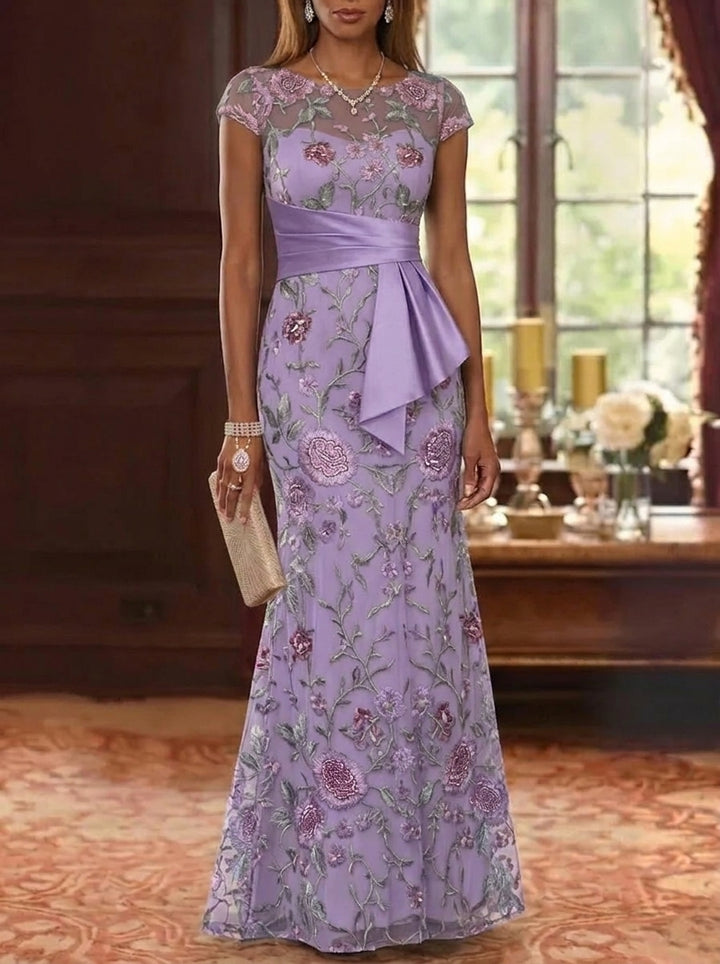 Trumpet/Mermaid Scoop Lace Floral Mother of the Bride Dresses with Sash Short Sleeves Floor-Length