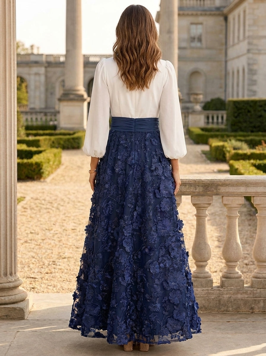 A-Line/Princess V-Neck Lace Floral Mother of the Bride Dresses 3/4 Sleeves Ankle-Length