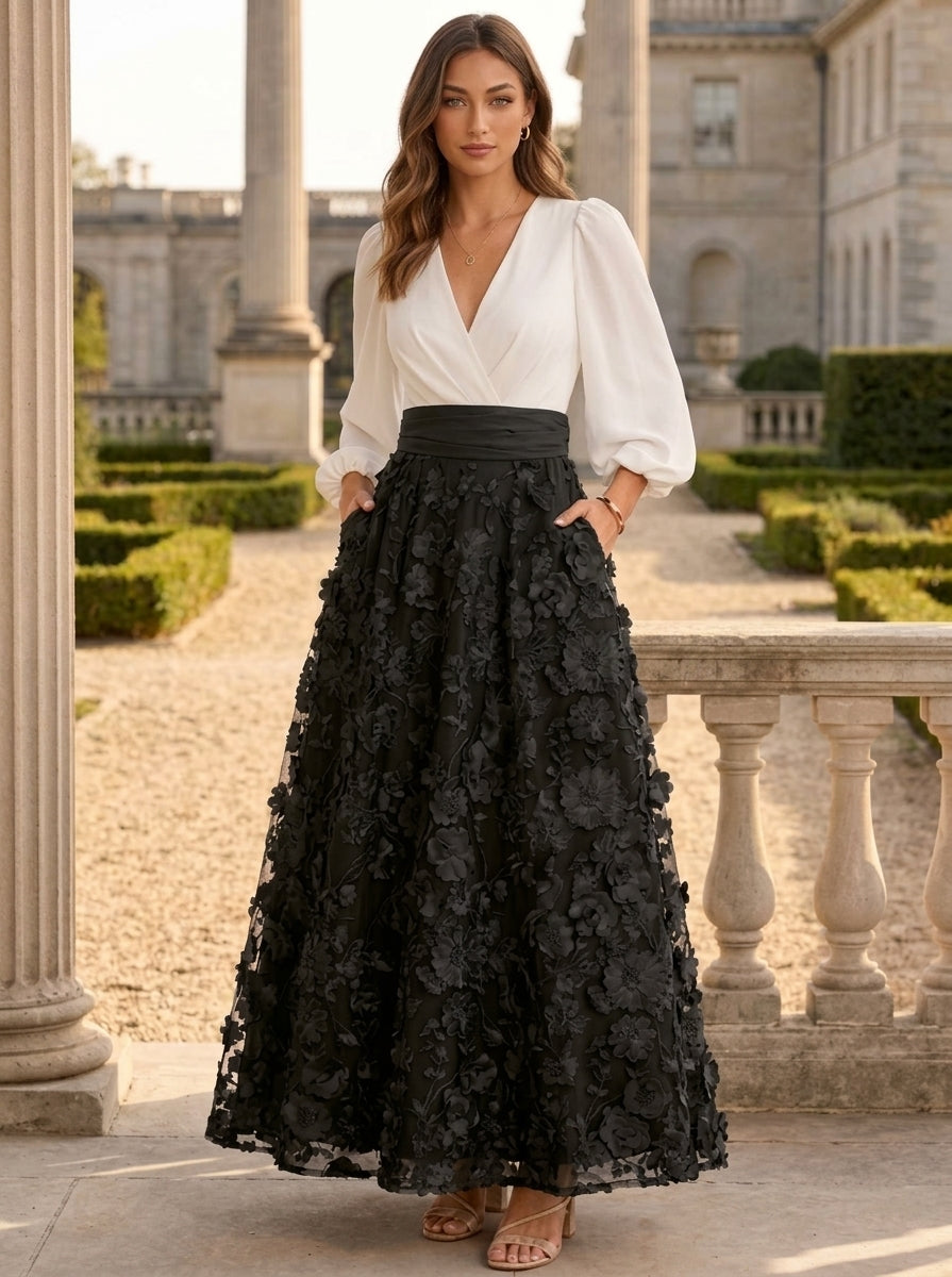 A-Line/Princess V-Neck Lace Floral Mother of the Bride Dresses 3/4 Sleeves Ankle-Length