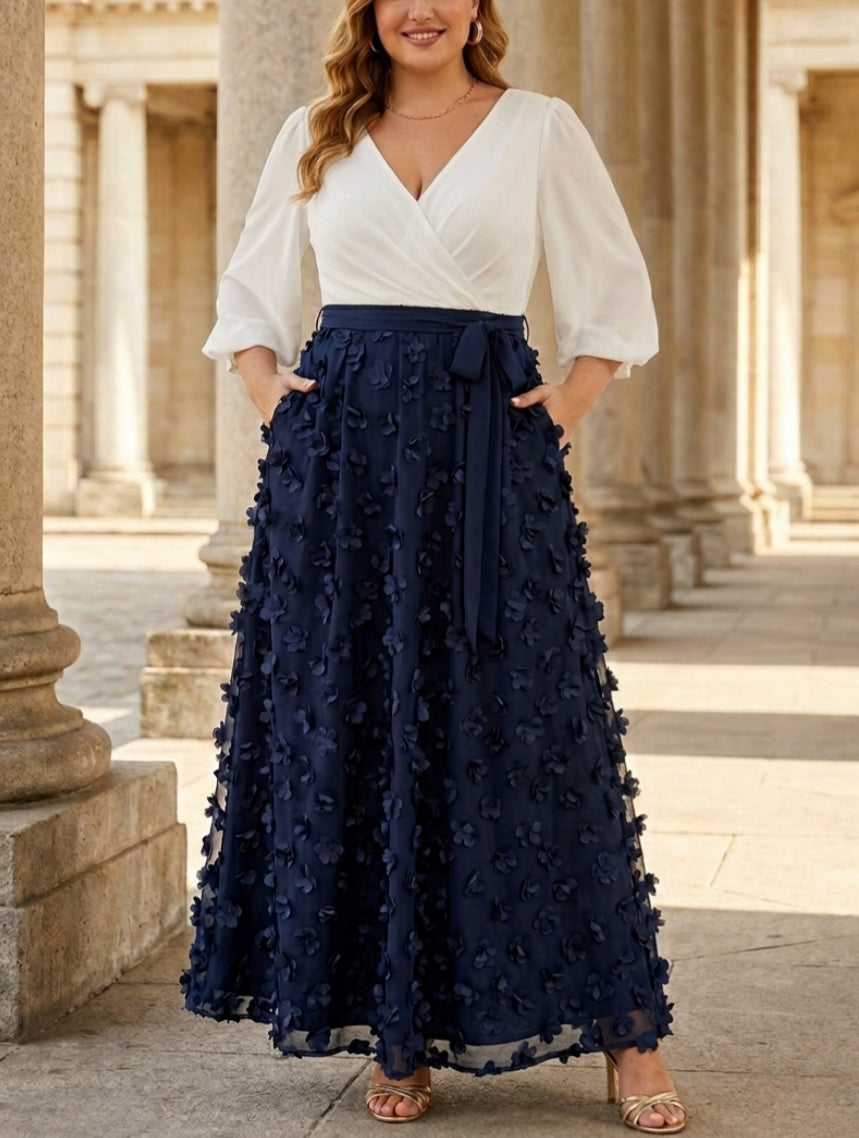 A-Line/Princess V-Neck Lace Floral Plus Size Mother of the Bride Dresses 3/4 Sleeves Ankle-Length