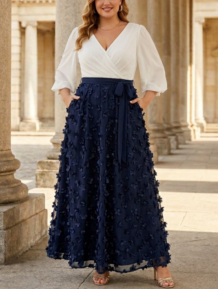 A-Line/Princess V-Neck Lace Floral Plus Size Mother of the Bride Dresses 3/4 Sleeves Ankle-Length